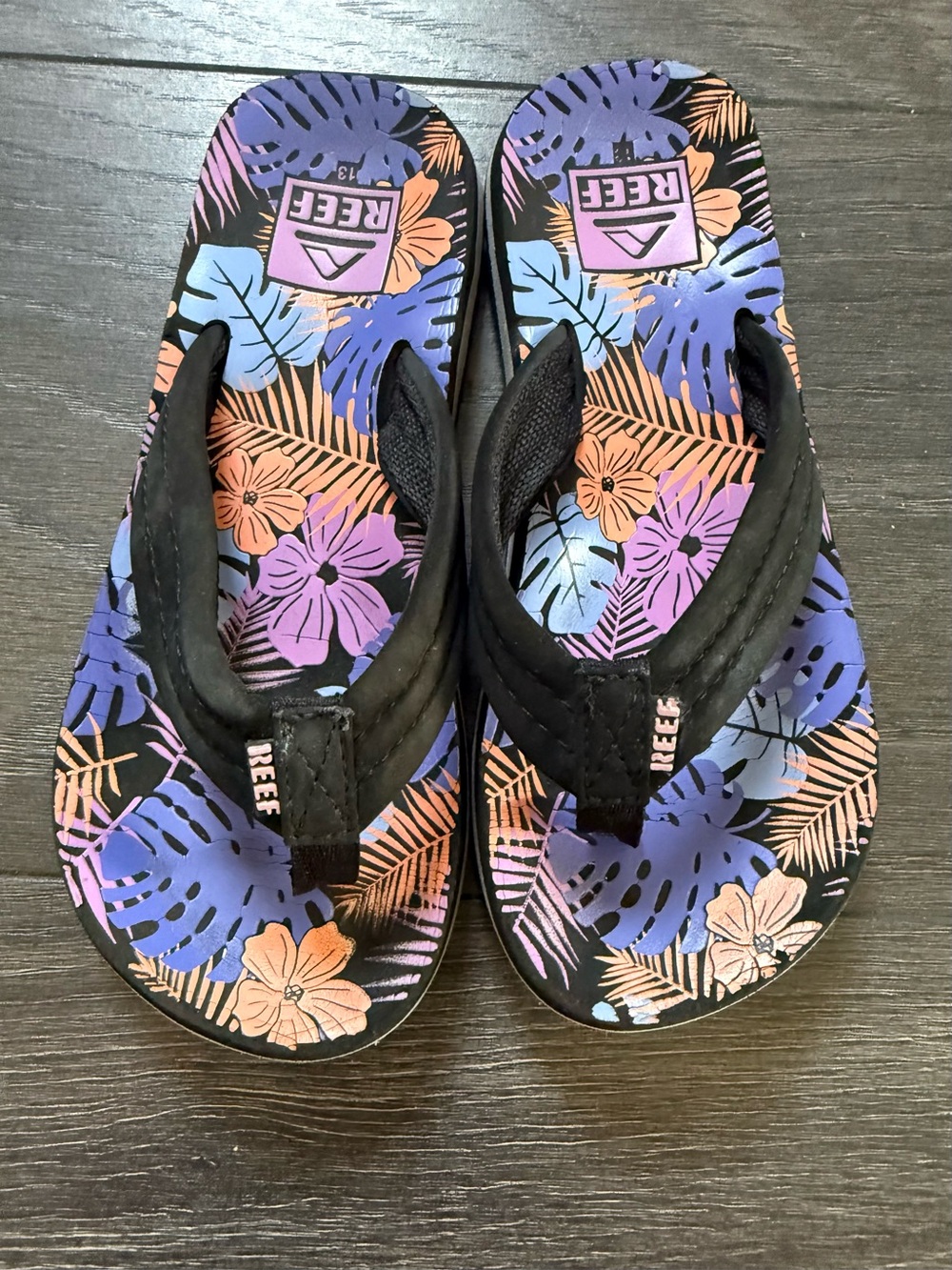 Reef Kids Black-Strap Flip Flops with Purple & Peach Floral Print